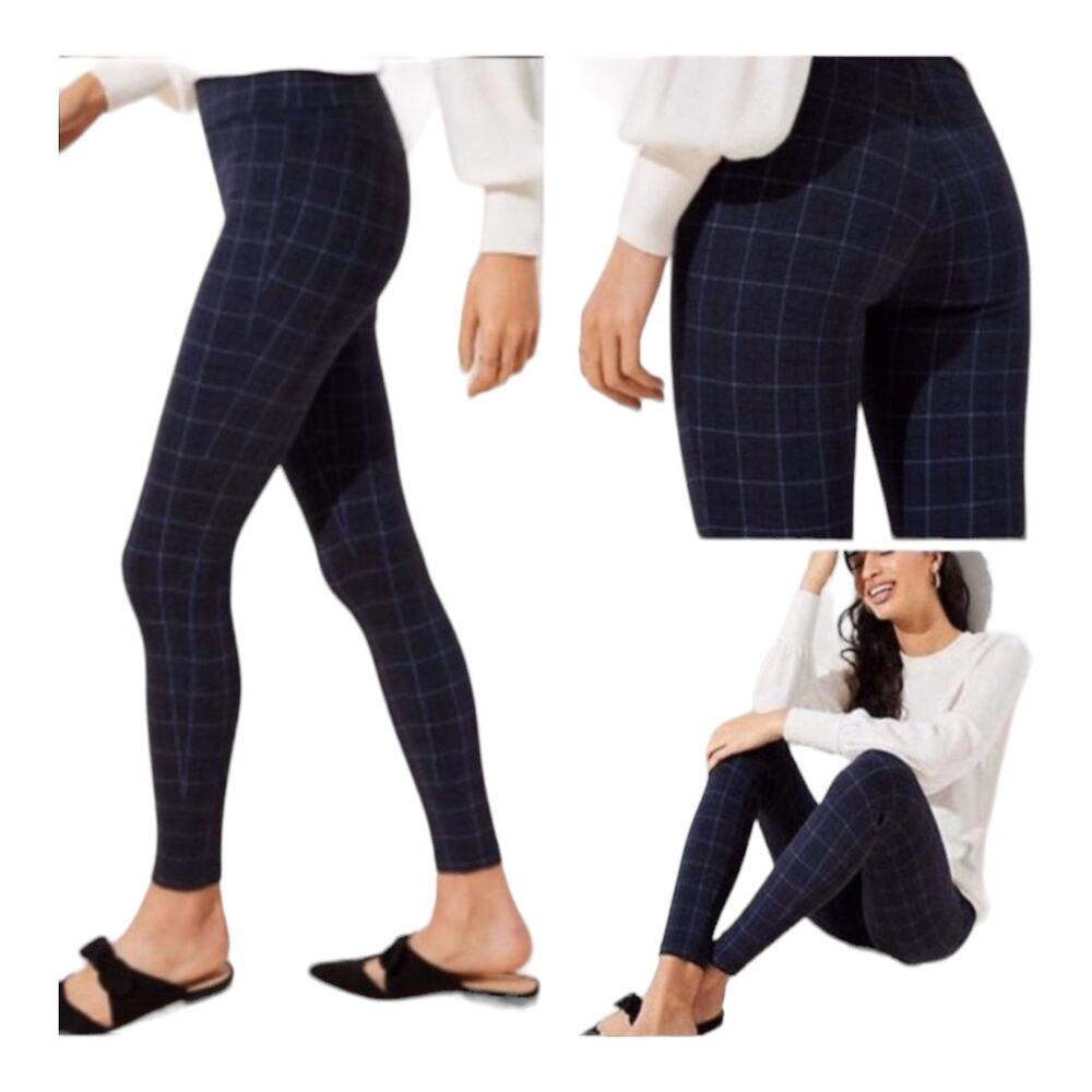 LOFT Ponte Knit Pull On Windowpane Grid Navy Blue Pants Small